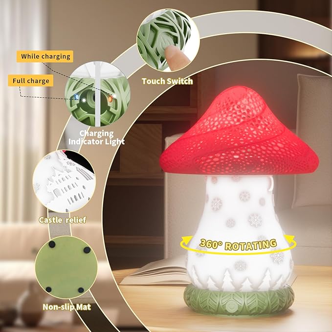 Mushroom Lamp, Cute Desk Lamp, Battery Operated Bedside Lamp as a Christmas Gift, 3-Way Dimmable Touch Lamp, Auto-Rotating Rechargable LED Night Light for Bedroom, Living Room.