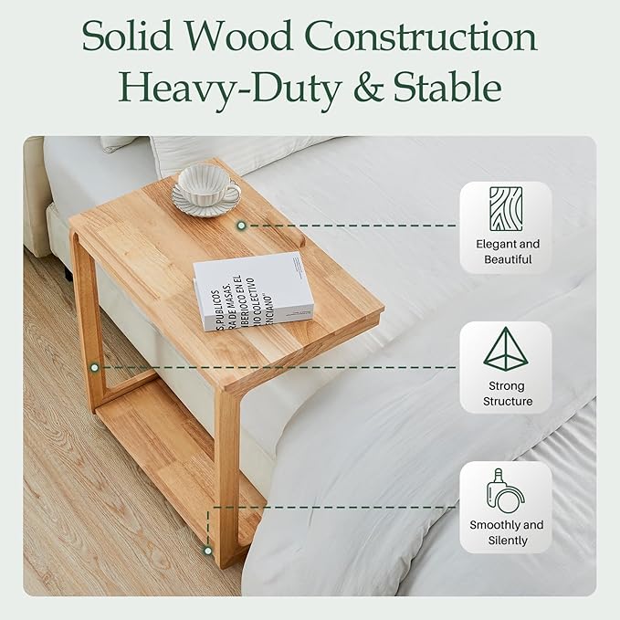 C Shaped Rolling End Table with Wheels - Solid Wood Side Table for Couch, Wooden Modern Tv Tray Bedside Tables for Sofa Armchair Living Room Bedroom, Natural, 15.4 in x 23.6 in x 24.8 in