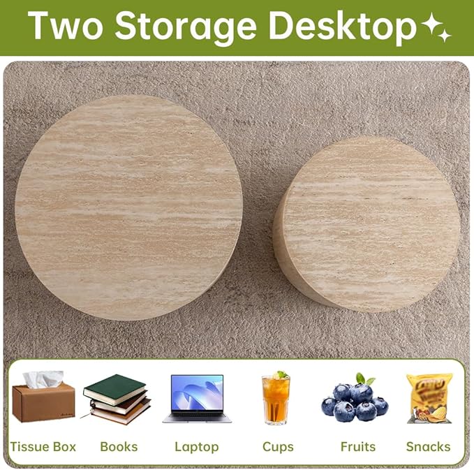 Round Nesting Coffee Table Set of 2 Small Round Coffee Tables for Living Room Modern Fluted Coffee Table Circular End Table Side Table for Small Spaces No Assembly (Travertine, 18 in)