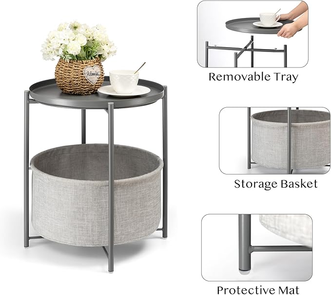danpinera Round Side Table with Fabric Storage Basket, Metal Side Table Small Bedside Nightstand with Removable Tray Top for Living Room, Bedroom, Nursery, Laundry, Gray