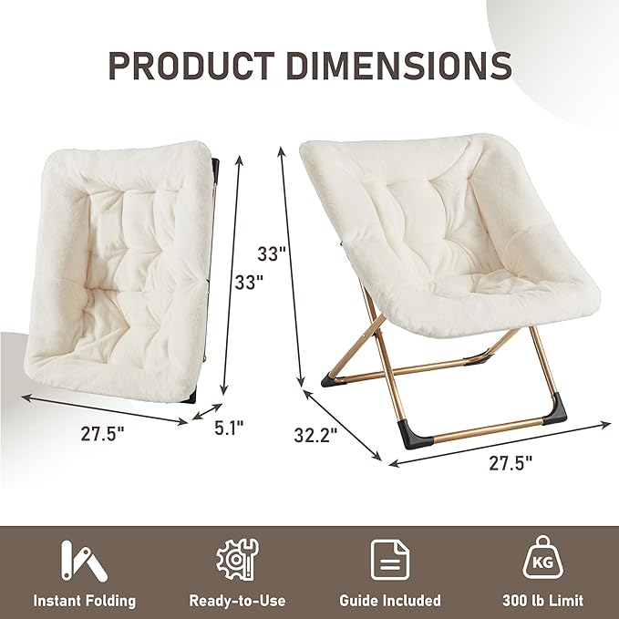 Comfy Oversized Saucer Chair, Soft Faux Fur Reading Lounge Chair for Adults, Stable X-Large Metal Frame and Non-Slip Pad, Foldable Cozy Chairs for Bedroom, Living Room, Dorm, Office, Beige