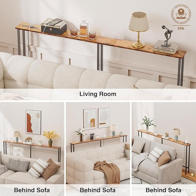 70" Narrow Console Sofa Table - Power Outlets & 2 USB Ports, Metal Frame, Rustic Brown, Perfect for Hallway, Office, and Behind Sofa - Easy Assembly, 4.9' Extension Cord Included