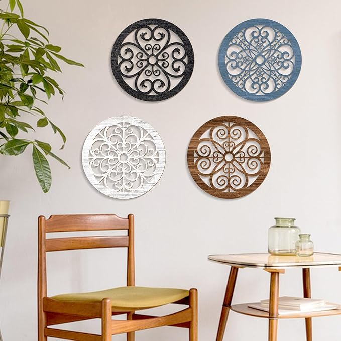 Zzbakress 4 Pieces Farmhouse Wall Decor Rustic Circle Wall Decor Wooden Hollow Carved Round Wall Art for Living Room Bedroom Kitchen Bathroom Home Wall Decoration (Delicate, Colorful)