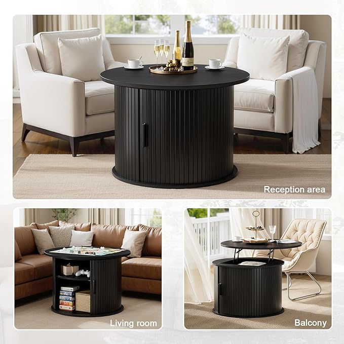 FABATO Round Lift Top Coffee Table, Fluted Wood Accent Coffee Table with Hidden Storage and Open Shelves, Drum Table with Sliding Rolling Door, Small Center Table Dining Table for Living Room, Black