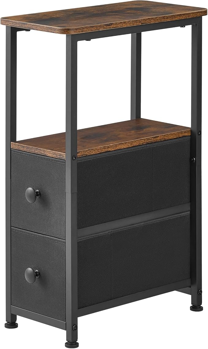 End Table, Narrow Side Table with 2 Fabric Drawers, Slim Nightstand, Small Bedside Table with Storage, Living Room, Bedroom, Rustic Brown HKET1200BR