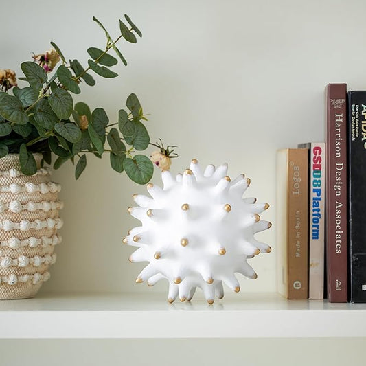 8” White Decorative Balls Sphere Statue for Modern Home Accent Decor Coffee Table Bookshelf Beach Office Living Room, Sea Urchin Spike Ball Decoration, Abstract Sculpture Centerpiece (Resin/Gold Tips)