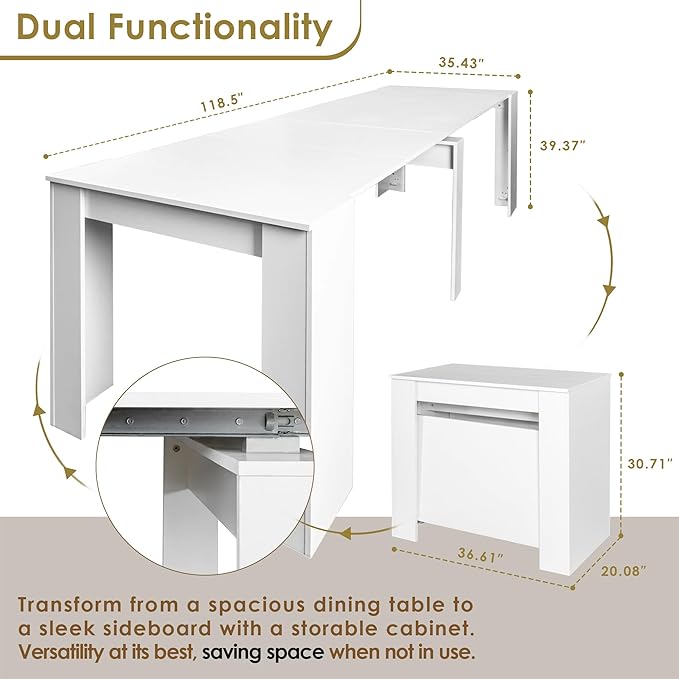 DMAITH 20"-118" White Extendable Dining Table for 2-12 People, Modern Modular Extension Table, Space-Saving Extra Long Folding Dining Table, Multifunctional Conference Meeting Table