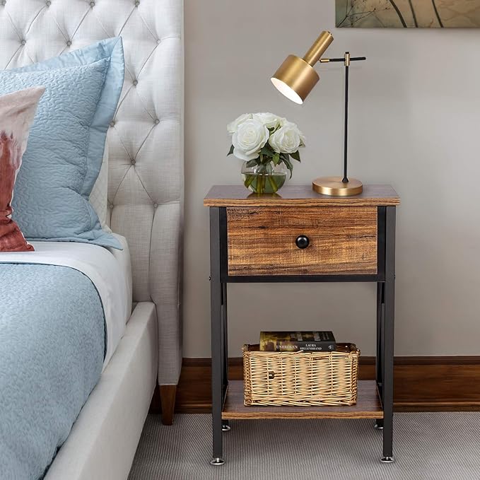 VECELO Nightstands Set of 2, Modern Bedside End Tables, Night Stands with Drawer and Storage Shelf for Living Room Bedroom, Industrial Metal Frame