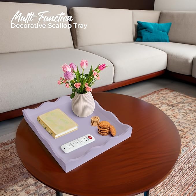 Wooden Scallop Serving Tray - for Coffee Table, Breakfast, Dinner Kitchen Living Room Bedroom, and Home Decor for All Occasions (Pastel Purple, M)