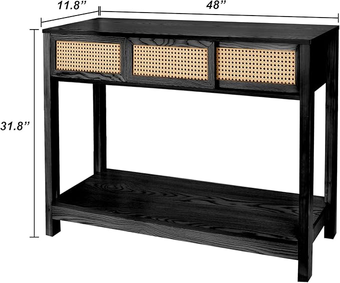 ZYBT Long Console Table, Rattan Entry Table, Console Tables for Entryway, Narrow Wood Console Table with Storage, Black Couch Table Hallway Table Boho Sofa Table for Living Room