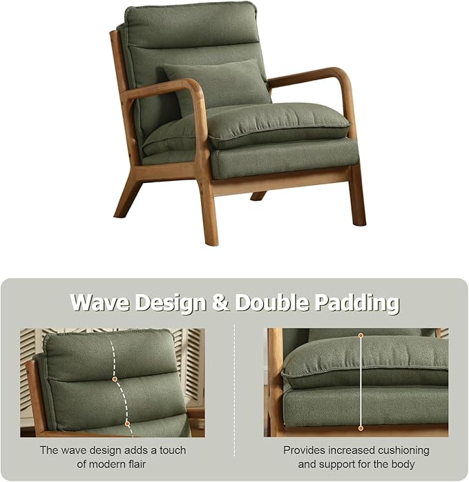 INZOY Accent Chairs Set of 2, Mid Century Modern Accent Chair with Wood Frame, Upholstered Reading Armchair with Waist Cushion, Side Chair for Living Room Bedroom Office, Easy Assembly, Green
