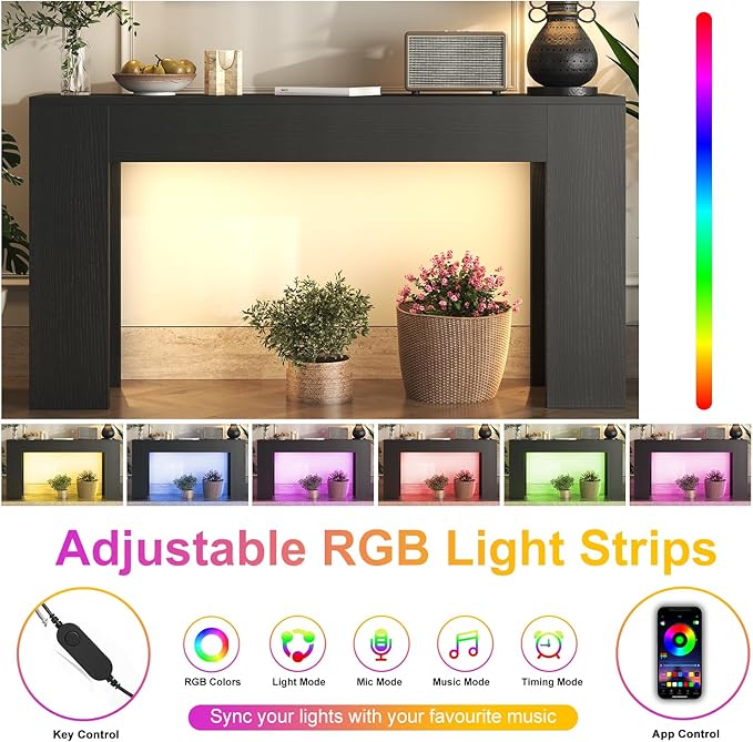 63-Inch Long Console Table with LED Light, Farmhouse Sofa Table Behind Couch, Wooden Console Table for Entryway Hallway Entrance Living Room, Black