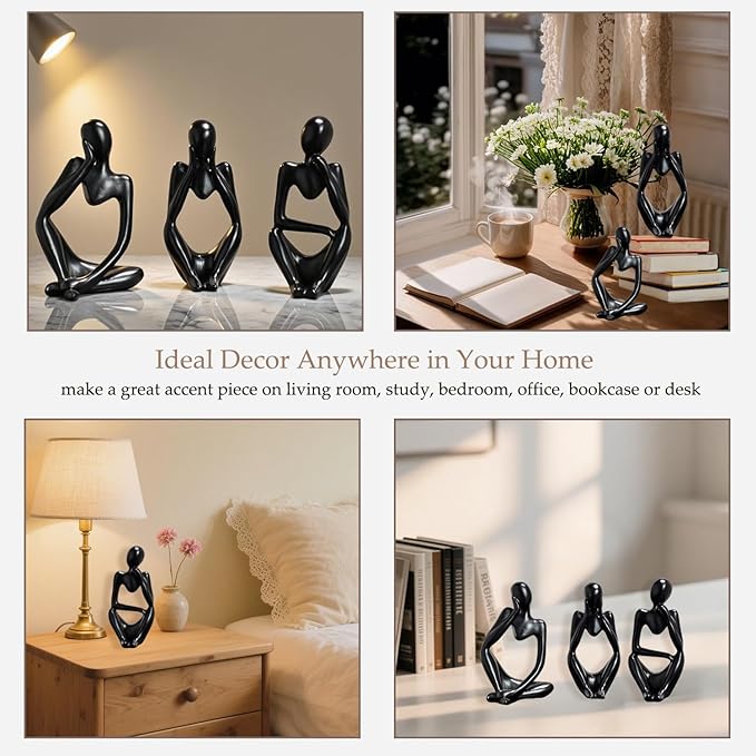 Mingzhang 3pcs Thinker Statue Abstract Art Thinker Figurines Black Home Decor for Living Room, Office, Coffee Table, Bookshelf Decoration, Housewarming Gifts