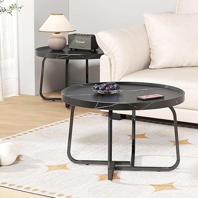 Round Coffee Table, 20 inch Circle Coffee Table with Fluted & Sturdy Metal Legs, Small End Table Center Table for Living Room Bedroom Office Balcony Yard (Black, 20 inches)