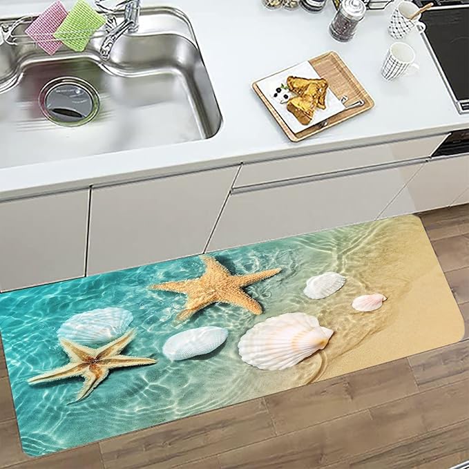 Bath Rugs Sponge Foam Absorbent Soft for Bathroom and Kitchen (71 x 24 inches), Flannel Mat Non Slip Bright 3D Print for Bedside and Living Room(Scallop Starfish)