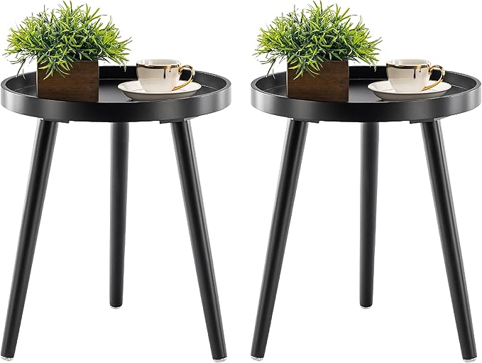 Apicizon Black Round Side Table Set of 2, Tray Nightstand Sofa Coffee End Table for Living Room, Bedroom, Small Spaces, Easy Assembly Bedside Table, 15 x 18 Inches, Black