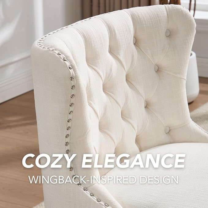 chairus Tufted Slipper Accent Chairs Set of 2, Linen Upholstered Armless Living Room Chairs with Nailhead Trim, Mid-Century Modern Wingback Side Chairs for Bedroom Office Reception, Beige