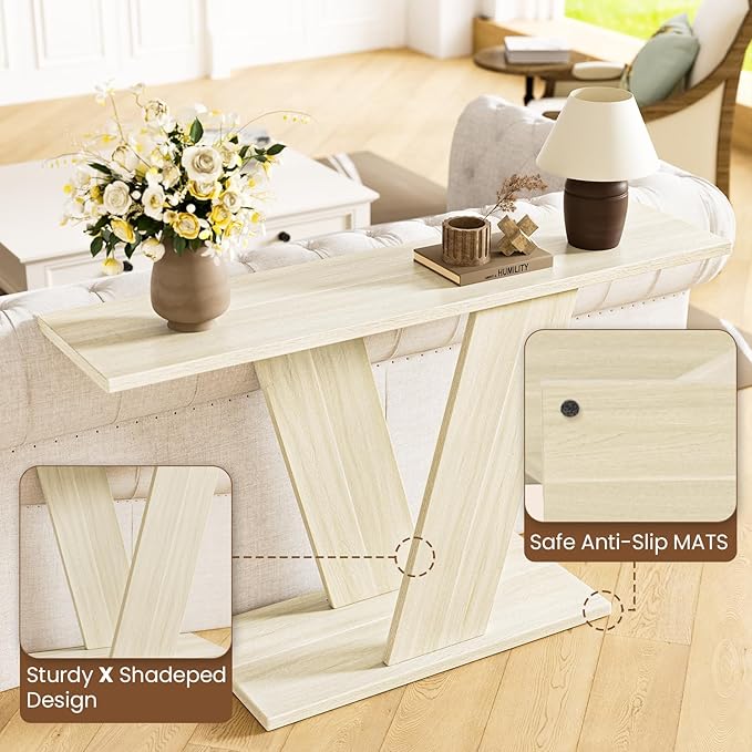 55-Inch Long Console Table, X-Shaped Wooden Sofa Table Behind The Couch, Farmhouse Entryway Table for Entrance, Hallway, Living Room, Natural