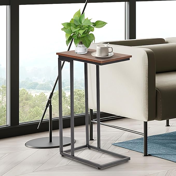 C-Shaped End Table, TV Tray Set of 2, Couch Side Laptop Table, for Living Room, Bedroom, Small Spaces, Rustic Brown and Black, 2 Pack