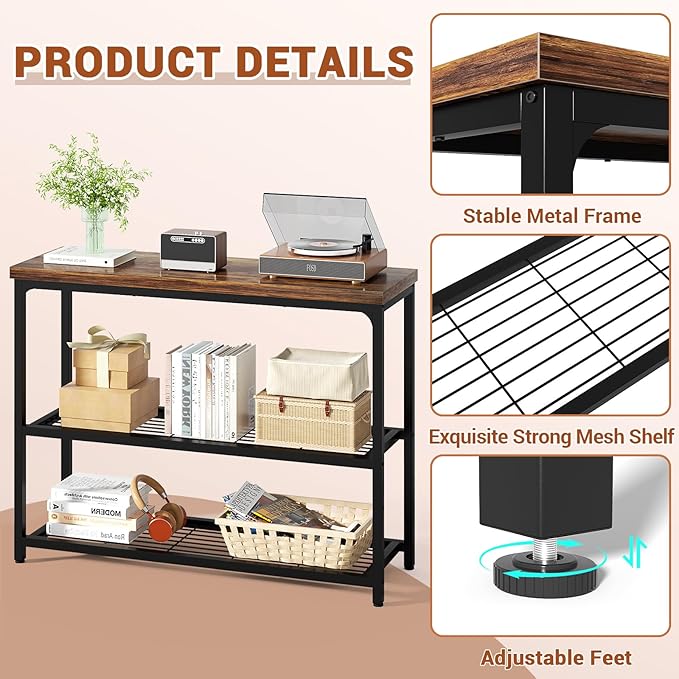 47" Console Table, 3-Tier Entryway Table, Sofa Table with Mesh Shelves, Console Tables for Living Room, Bedroom, Hallway, Entryway, Foyer, Rustic Brown