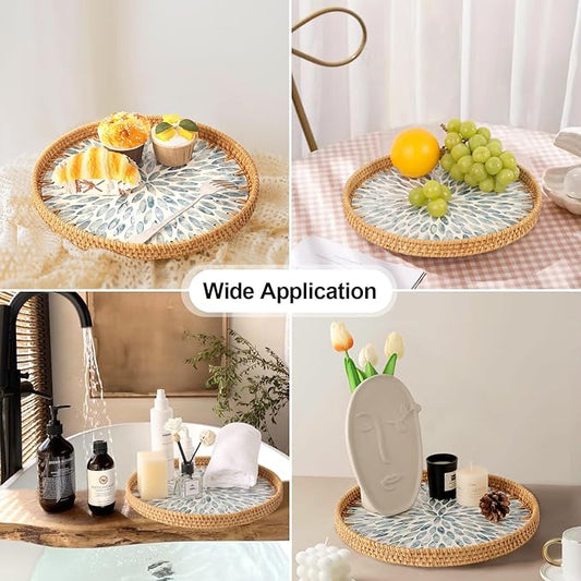 Round Rattan Tray with Mother of Pearl Inlay, Rattan Serving Tray for Coffee, Bread, Fruits, Decorative Wicker Tray for Table Decor, Home Decor, Kitchen Island Decor (Light Blue Leaf, 11.8")