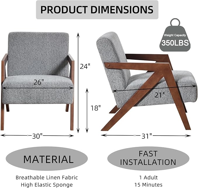 INZOY Accent Chairs Set of 2, Mid Century Modern Accent Chair with Wood Frame, Upholstered Reading Armchair with Soft Linen Fabric, Accent Chair for Living Room Bedroom Apartment, Easy Assembly, Blue