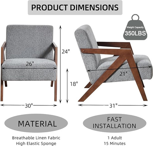 INZOY Mid Century Modern Accent Chair with Wood Frame, Upholstered Reading Armchair with Soft Linen Fabric, Accent Chair for Living Room Bedroom Apartment, Easy Assembly, Blue