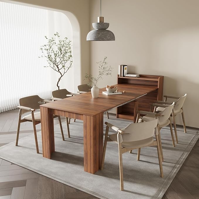 DMAITH 20"-99" Extendable Dining Table with Storage for 2-10 People, Modern Modular Extension Table, Space-Saving Extra Long Folding Dining Table, Multifunctional Conference Meeting Table, Walnut