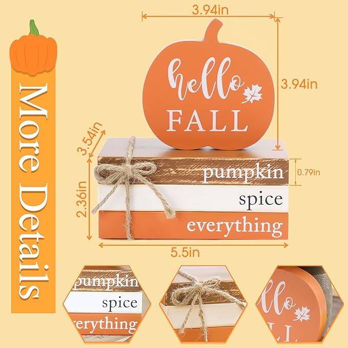 KORMMCO Thanksgiving Fall Wood Book Stack, Fall Thanksgiving Decorations Tiered Tray,Hello Fall Decor, Autumn Mini Faux Decorative,Farmhouse Mini Decorative Books Bundle