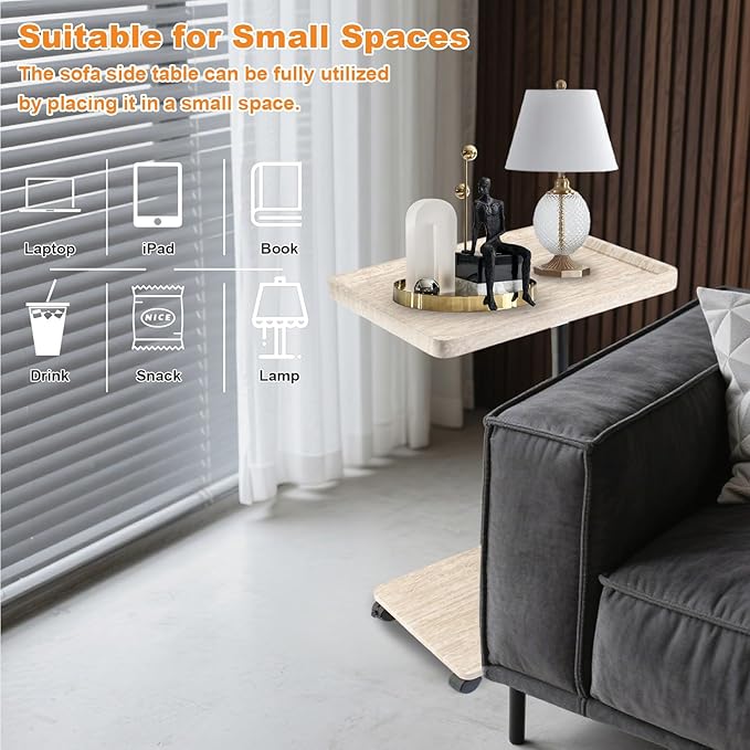 Side Table TV Tray for Couch,Height Adjustable C Shaped End Table for Small Spaces,Bedside Bathroom Living Room (Creamy White)