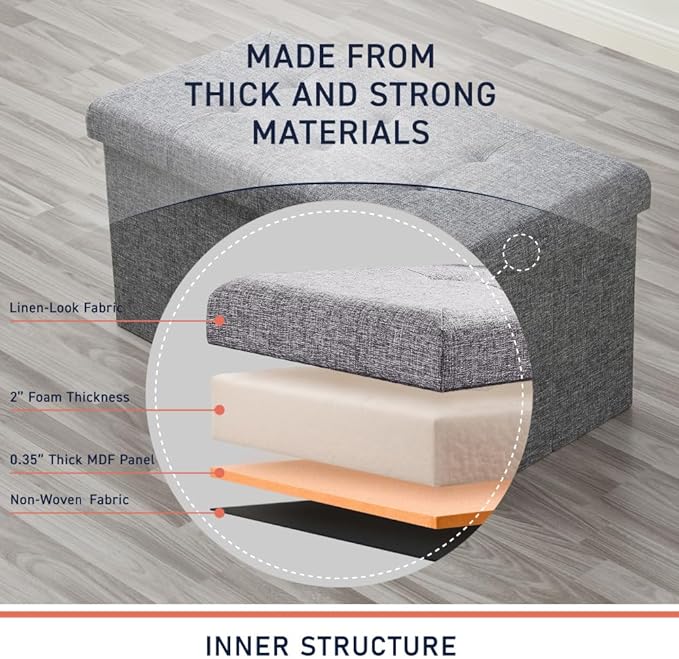 Ornavo Home Foldable Tufted Linen Large Storage Ottoman Bench Foot Rest Stool/Seat - 15" x 30" x 15" (Grey)