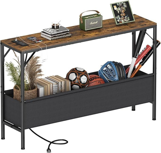 Console Table, Narrow Sofa Table, 47.2" Behind Couch Table with Power Station, Entrance Table, for Living Room, Hallway, Entryway, Foyer, Rustic Brown