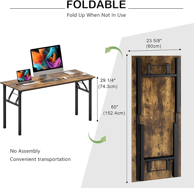 Need Home Office Desk Large Computer Desk 60 inch Sturdy Table Foldable Desk Gaming Computer Table No Assembly Required, Rustic Brown&Black Frame AC5FB(152.4 * 60)