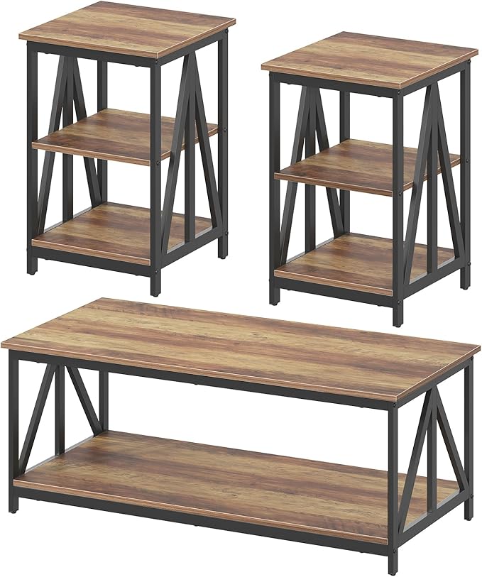 Bigbiglife Living Room Coffee Table Set of 3, Industrial Triangular-Design Coffee Table and 2 End Side Tables, 3 Piece Living Room Table Set with Large Storage for Apartment Home (Rustic Brown)