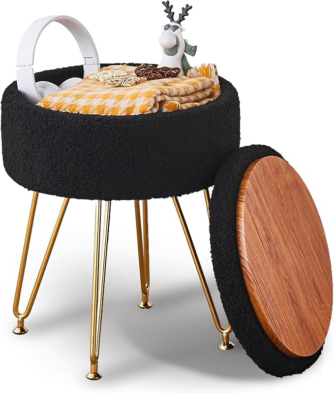 Wimarsbon Storage Ottoman,Teddy Velvet Vanity Stool,Soft Padded Seat,Round Footrest with Removable Cover and Adjustable Legs,Modern Decorative Accent Footstool or End Table for Hallway (Black)