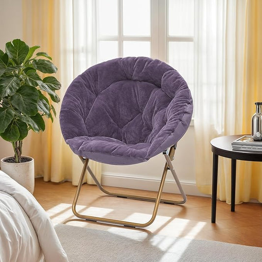 Athena Collection Comfy Saucer Chair Folding Cozy Chair for Bed Room Living Room Accent Chair Faux Fur Reading Chair Foldable Metal Frame Lazy Chair Moon Chair for Adult, Purple