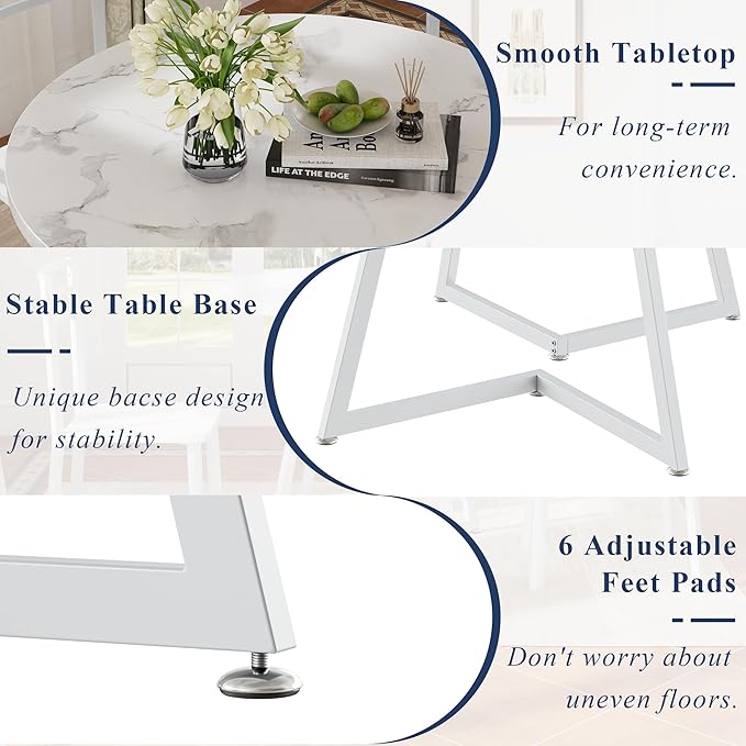 VECELO Small Round Dining Table Set for 2, Wood Tabletop with Strong Metal Frame, Modern Dinette with Chairs for Kitchen, Breakfast Nook Living Room, Faux Marbled & White