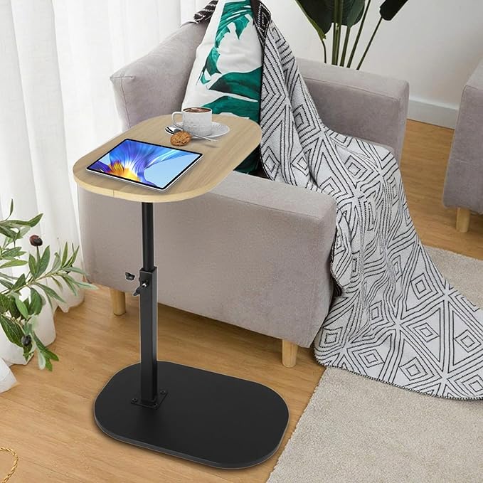 Side Table TV Tray for Couch,Height Adjustable 360° Swivel C Shaped End Table for Small Spaces,Bedside Bathroom Living Room(Original Wood)