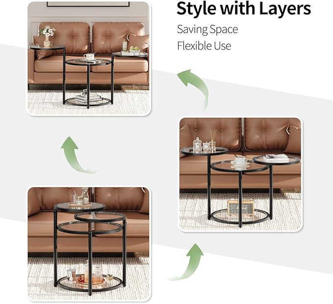 Round Glass Coffee Table - 4 Tier Coffee Tables for Living Room with Rotating Top, Circle Coffee Table with Storage, Modern Clear Center Table with Metal Frame for Small Space, Office, Black