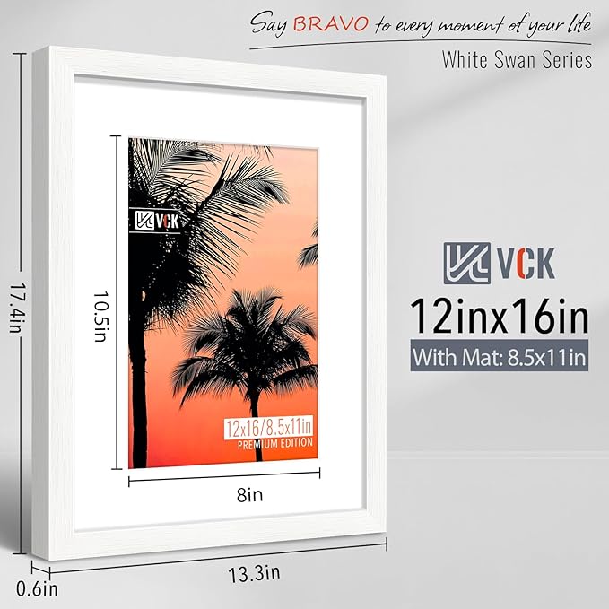 VCK 12x16 Picture Frame 5 Pack - White, High-End Wood Poster Frames with Tempered Glass, Display 8.5x11 Photo with Mat or 12x16 without Mat, Art Gallery-Quality, Wall Hanging, White