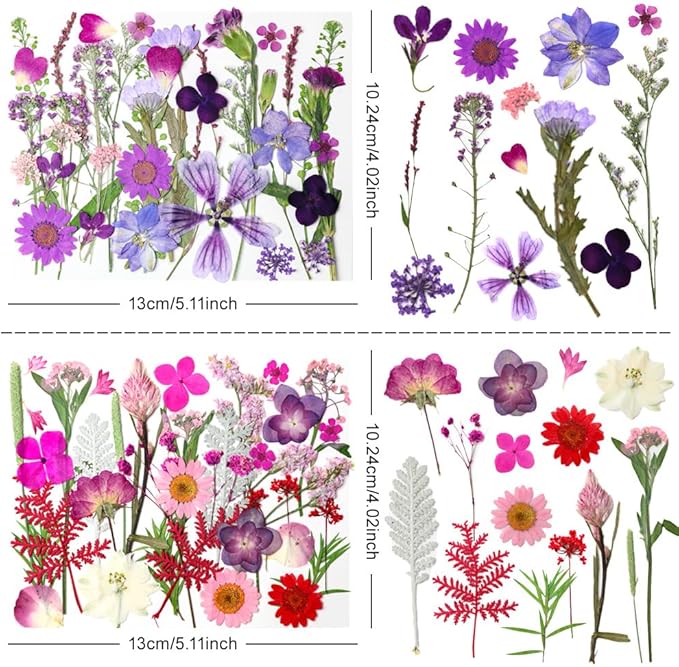 140Pcs Dried Pressed Flowers, Natural Dried Flowers Bulk with Dried Leaves for Resin, Mixed Color Dried Flowers for DIY Crafts, Epoxy Resin, Candle Making, Jewelry, Floral DIY Art, DIY Supplies Kits