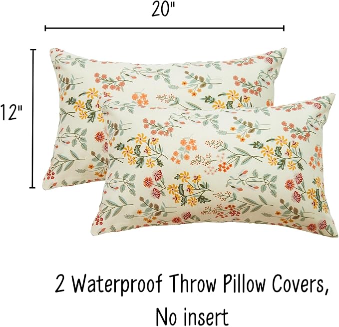 Floral Outdoor Lumbar Pillows Waterproof 12x20 for Patio Furniture Set of 2 Beige Cream Decorative Pillow Covers for Couch Porch Chair Bench Reversable Country Rustic Farmhouse Pillow Cases