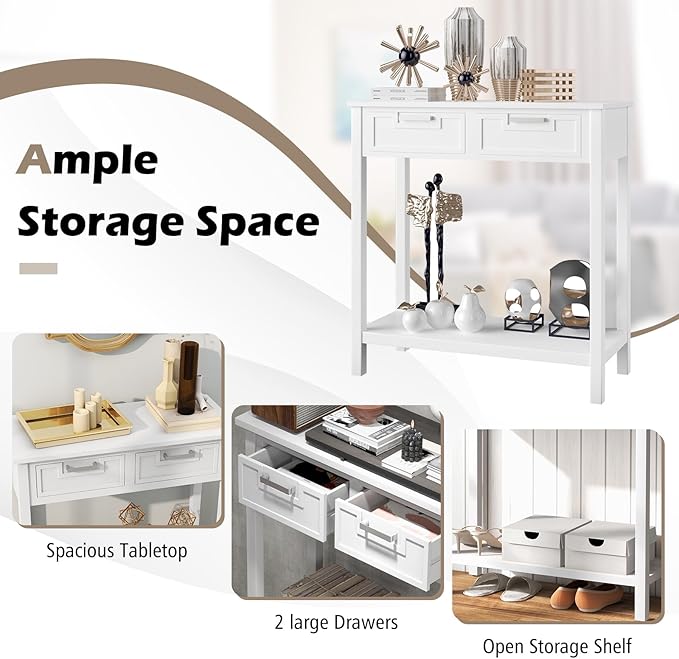 KOTEK Console Table with 2 Drawers & Shelf, Narrow Sofa Table with Rubber Wood Legs, Small Entryway Table for Living Room, Hallway, Office (White)