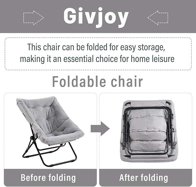 Comfy Folded Chair, Soft Faux Fur Oversized Folding Accent Chair, Flexible Lounge Lazy Chair for Adults Kids, Metal Frame Moon Chair for Dorm Room, Bedroom, Living Room
