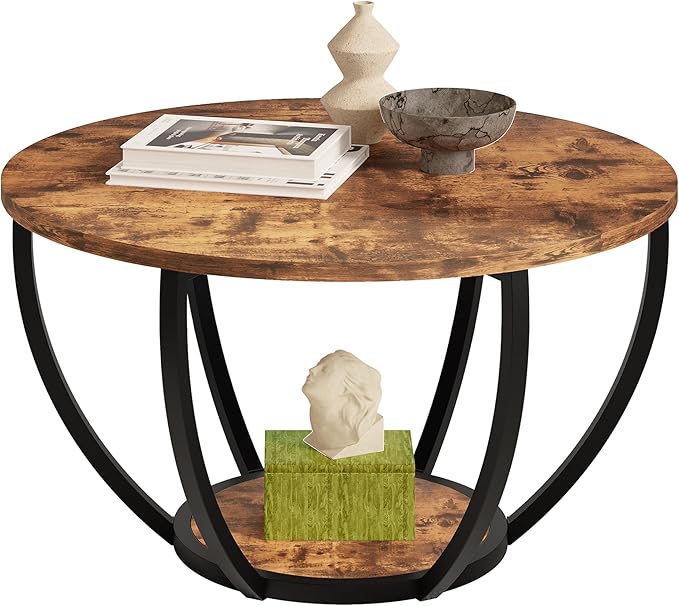 HOMERECOMMEND 28" Round Coffee Table with Storage,2-Tier Wood Accent Center Table for Living Room,Sofa Table for Home Office, Brown
