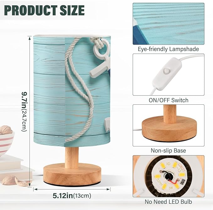 Table Lamp Nautical Anchor with Rope Turquoise Blue Grunge Wooden Nightstand Lamp with Wood Base Fabric Lamp Shade Bedside Desk Lamp for Living Room Bedroom Kids Room Office