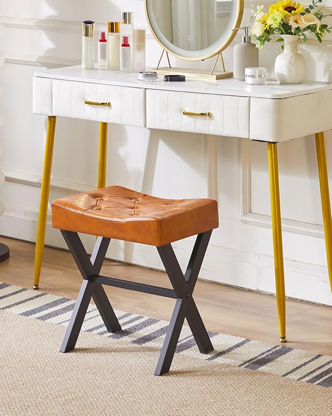 IBUYKE U-Shaped PU Vanity Stool, Square Makeup Chair with X-Leg, Ottoman Seat Footrest Stool, Multi-Use as Small Side Table, for Bedroom, Living Room, Light Brown WBD019J