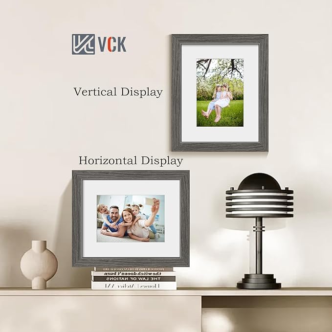 VCK 8x10 Picture Frame 2 Pack - Grey, High-End Wood Poster Frames with Tempered Glass, Display 5x7 Photo with Mat or 8x10 without Mat, Art Gallery-Quality, Wall Hanging/Tabletop, Grey