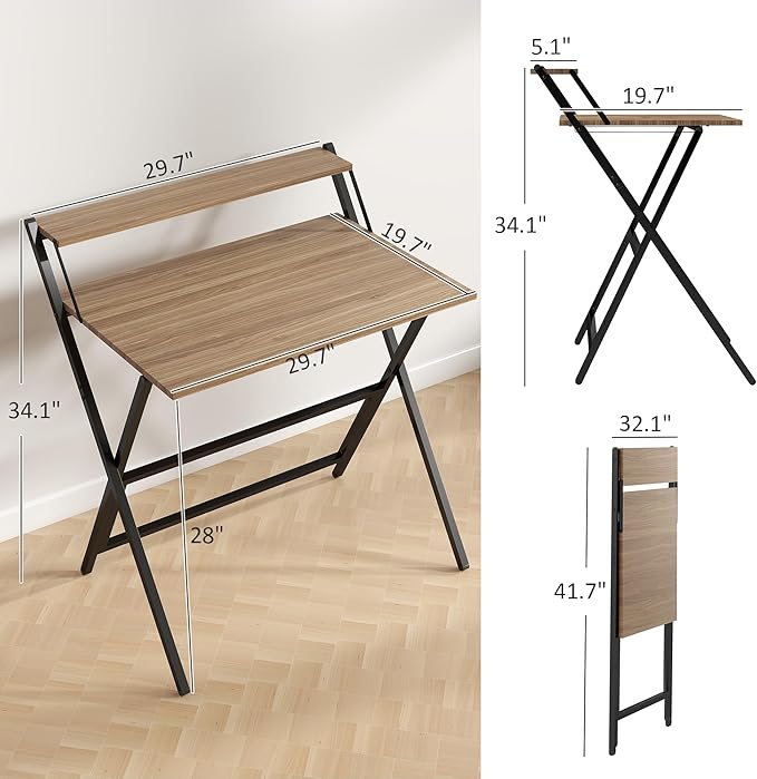 HOMCOM Small Folding Desk, 32 Inch Foldable Computer Desk with Monitor Shelf, Space Saving Portable Writing Table for Small Spaces, Home Office, Study, Easy Assembly, Walnut
