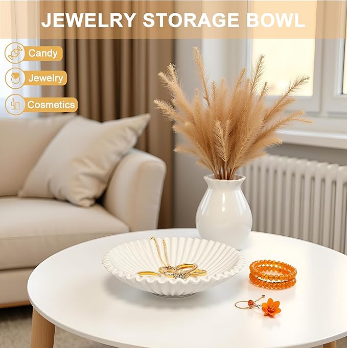 Beige Small Decorative Bowl - Stylish Key and Purse Bowls for Entryway Table - Resin Candy Plate - Modern Accent Bowl for Home Decor - Ruffle Coffee Table Centerpiece